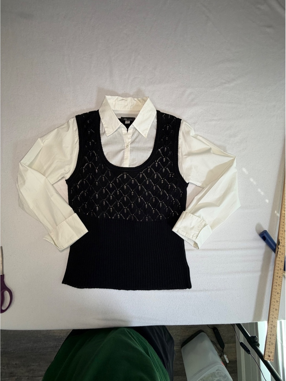 AB Studio Women's Layered Look Sweater with White Shirt Size L